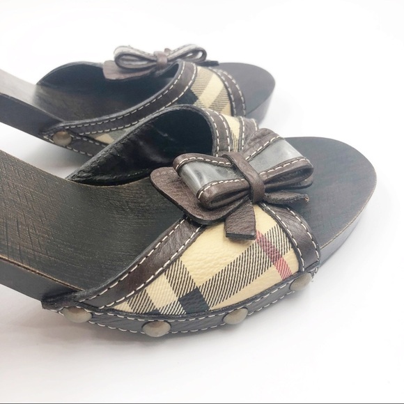 Burberry Nova Check Heels Sandal 37 Wood Open Bow - Picture 6 of 7
